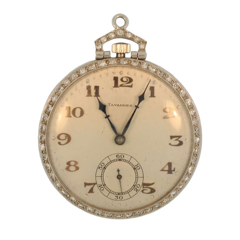 Tavannes Platinum and Diamond Open Face Dress Pocket Watch circa 1935 For Sale