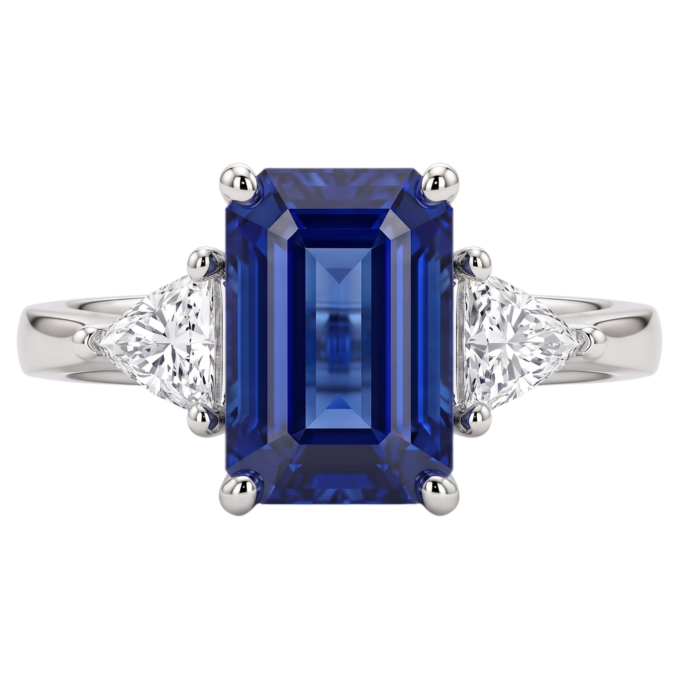 Anillo de tres piedras con un zafiro azul de 2,98 quilates con corte esmeralda y un diamante con corte «trillion», en oro blanco de 18 quilates