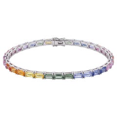 4.31 Carat Multicolor Baguette-Cut Sapphire Tennis Bracelet in 18K White Gold