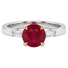 GIA 2.00 Carat Round Ruby Baguette Diamond 18K White and Yellow Gold Ring
