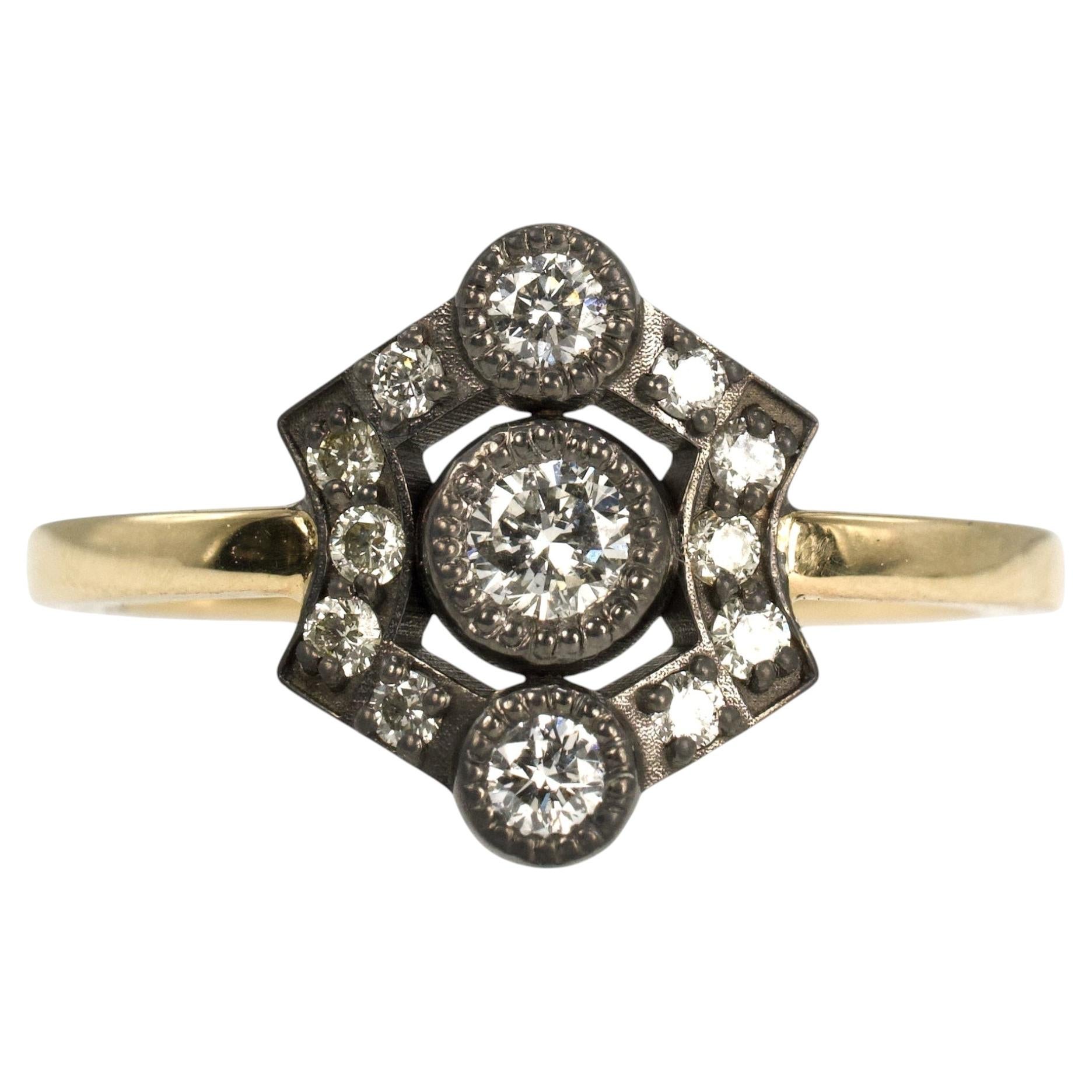 Two-Tone Gold Georgian Inspired Shield Shaped Diamond Ring For Sale