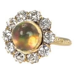Victorian Jelly Opal and Old Mine Cut Diamond Cluster Ring