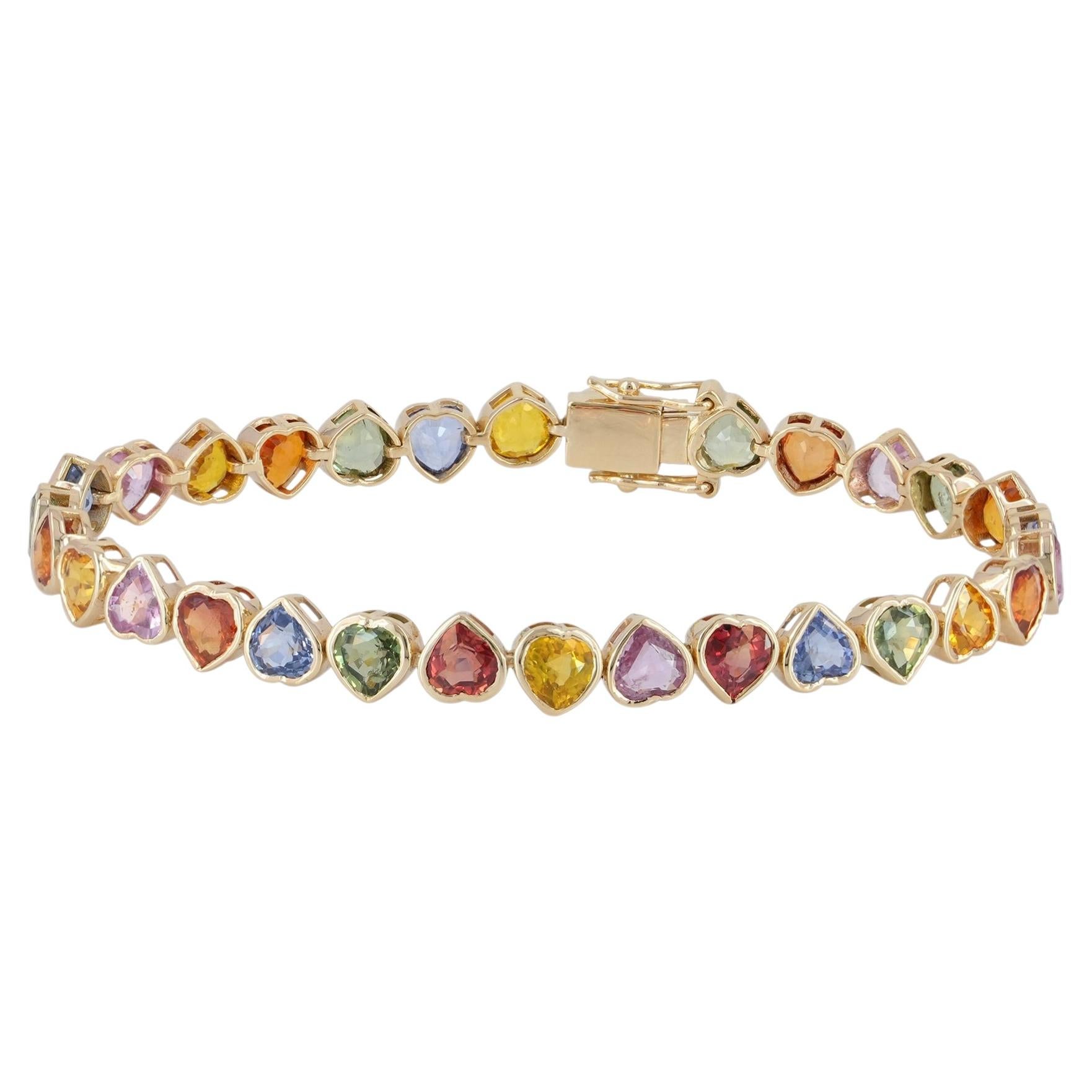 Natural Multi Sapphire Heart Tennis Bracelet 14kt Yellow Gold Fine Jewelry 7"
