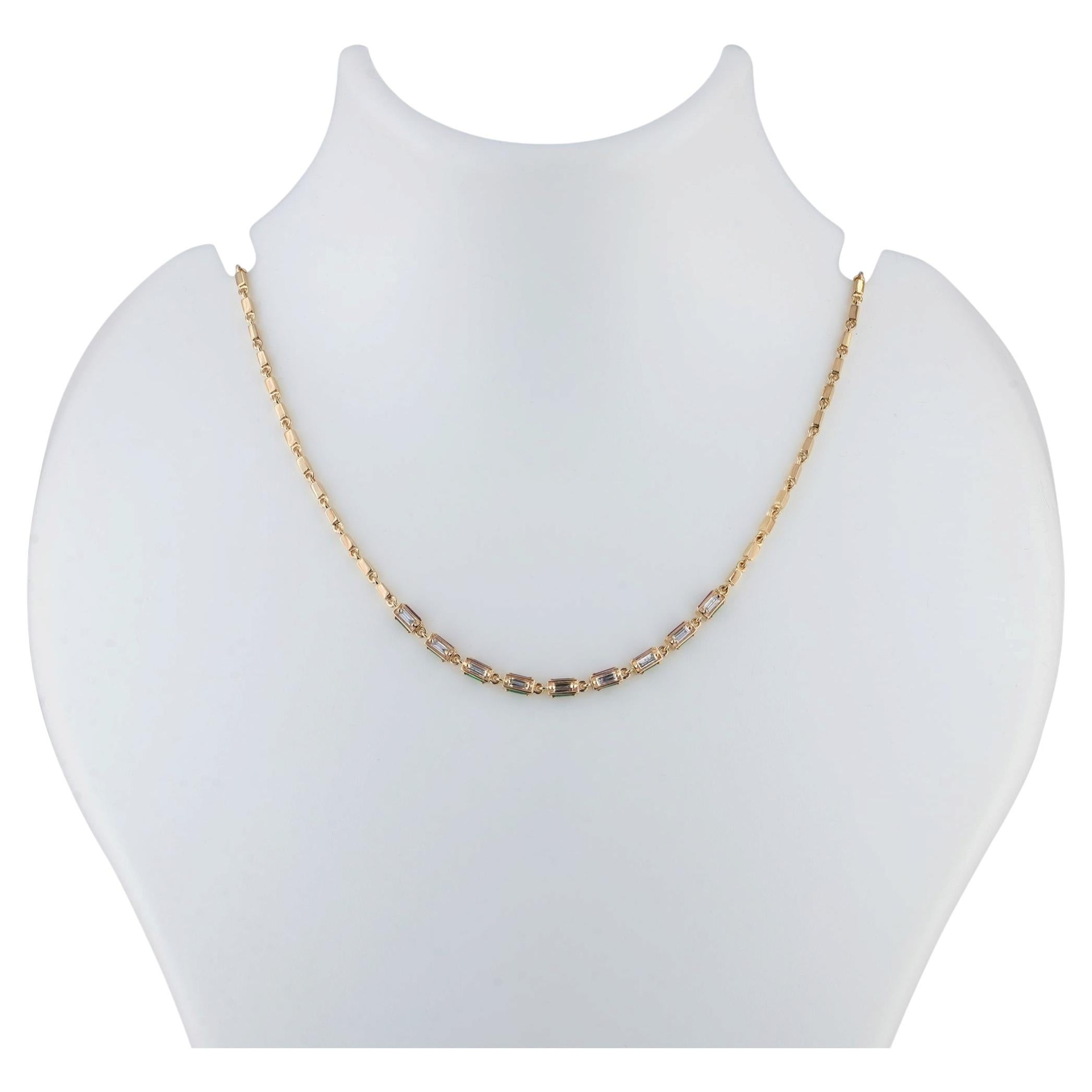 14k Yellow Gold Four Sided Chain Necklace with Diamond, Ruby and Emerald For Sale