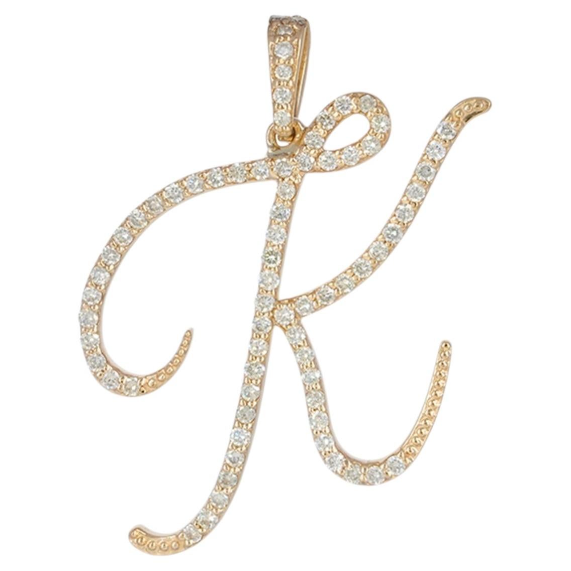 14K Gold Large Cursive Script 0.58 Ct Diamond Pavé Letter K Initial Pendant Gift