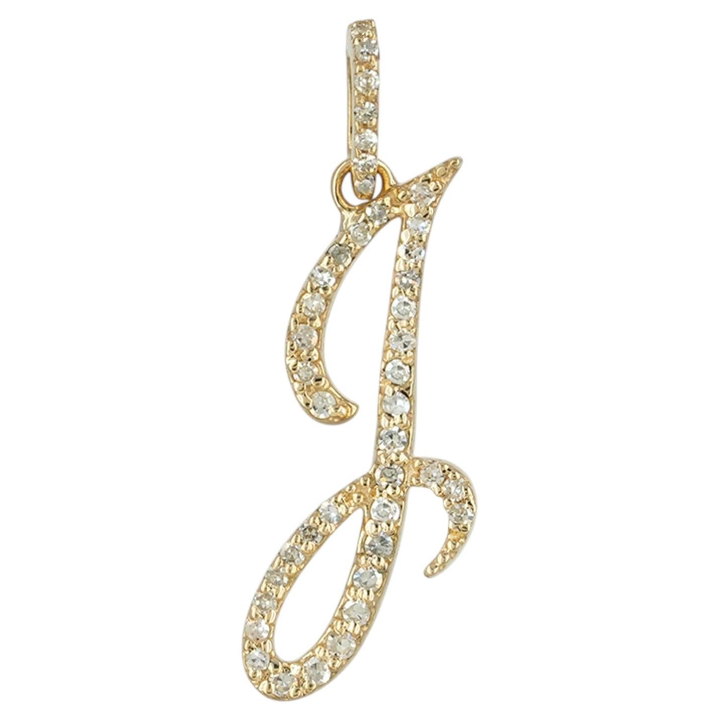 14K Yellow Gold 0.26 CT Natural Diamond Cursive Script Initial J Letter Pendant