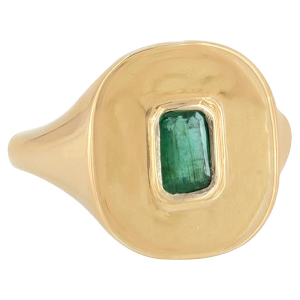 14K Yellow Gold 0.40 CT Natural Emerald Bezel-Set Cushion Signet Ring for Gift