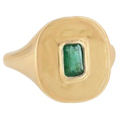 14K Yellow Gold 0.40 CT Natural Emerald Bezel-Set Cushion Signet Ring for Gift