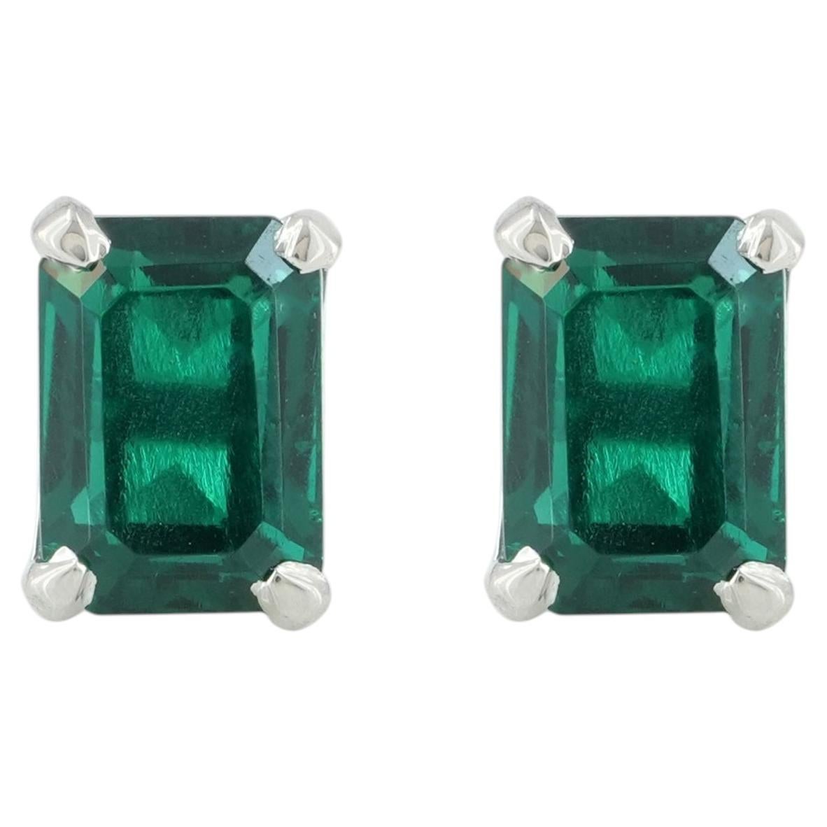 Natural Emerald Gemstone Studs Solid 14k White Gold Jewelry Dainty Earrings For Sale