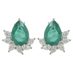 Solid 14k White Gold Natural Diamond Emerald Gemstone Designer Studs Earring