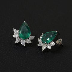 Solid 14k White Gold Natural Diamond Emerald Gemstone Designer Studs Earring