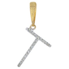 Two Tone 'T ' Initial Charm Solid 14k Yellow /White Gold Natural Diamond Pendant