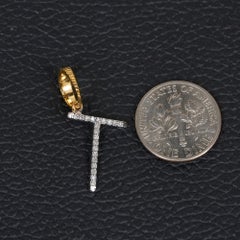 Two Tone 'T ' Initial Charm Solid 14k Yellow /White Gold Natural Diamond Pendant