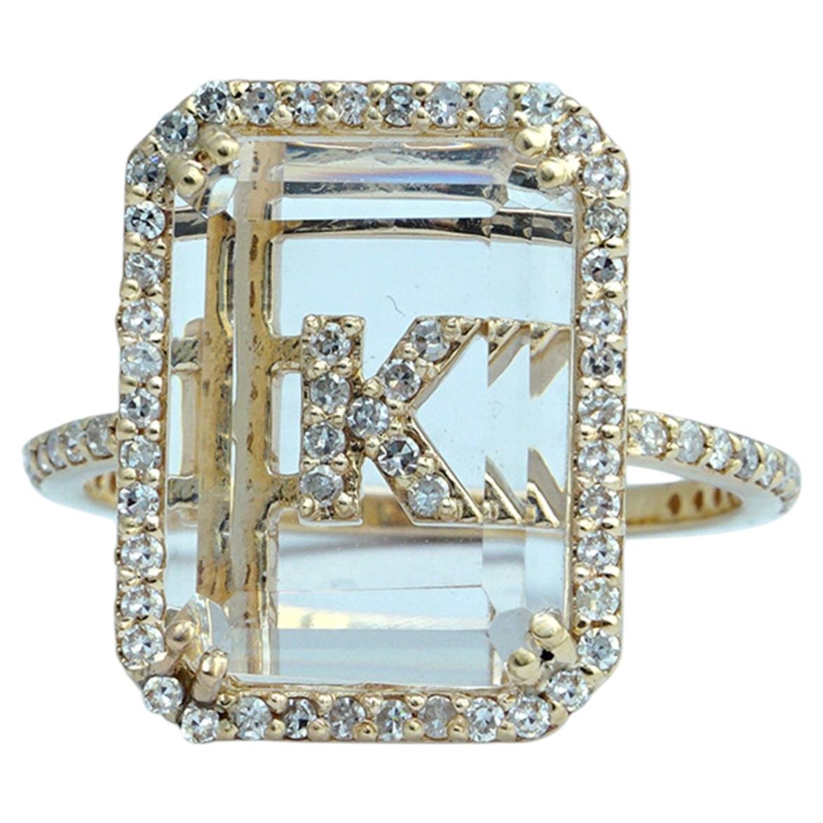 Customized Initial Ring Solid 14k Yellow Gold Natural Diamond Crystal Gems Ring For Sale