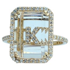 Customized Initial Ring Solid 14k Yellow Gold Natural Diamond Crystal Gems Ring