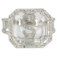 Natural White Diamond Solid 14k White Gold Crystal Gems Customized Letter Ring