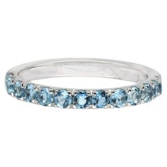 Solid 14k White Gold Band Natural Aquamarine Gemstone Half Eternity Ring Jewelry