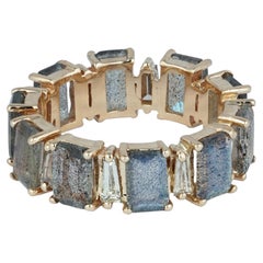 Band Ring Solid 14k Yellow Gold Natural Baguette Diamond Labradorite Gems Ring