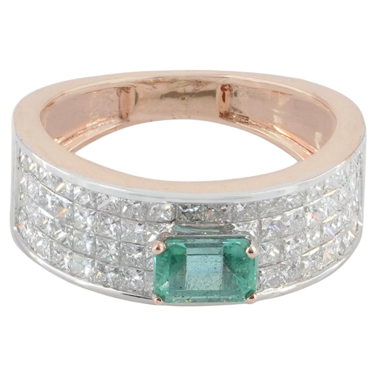 Solid 14k Rose Gold Band Genuine White Diamond Emerald Gemstone Eternity Ring