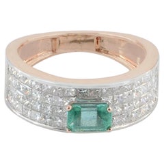 Solid 14k Rose Gold Band Genuine White Diamond Emerald Gemstone Eternity Ring