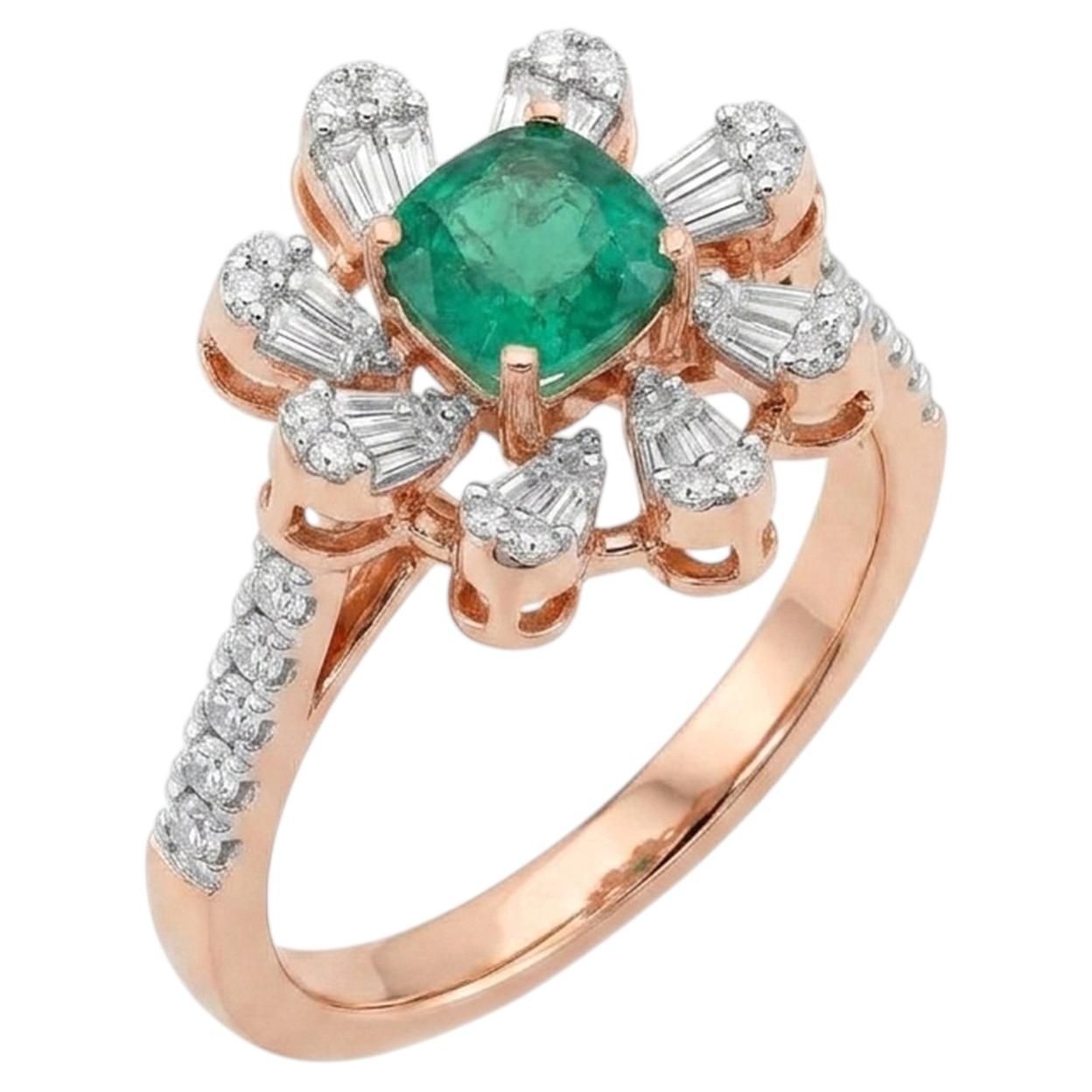 Floral Ring Solid 14k Rose Gold Genuine White H/Si Diamond Emerald Gemstone Ring For Sale