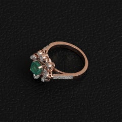 Floral Ring Solid 14k Rose Gold Genuine White H/Si Diamond Emerald Gemstone Ring