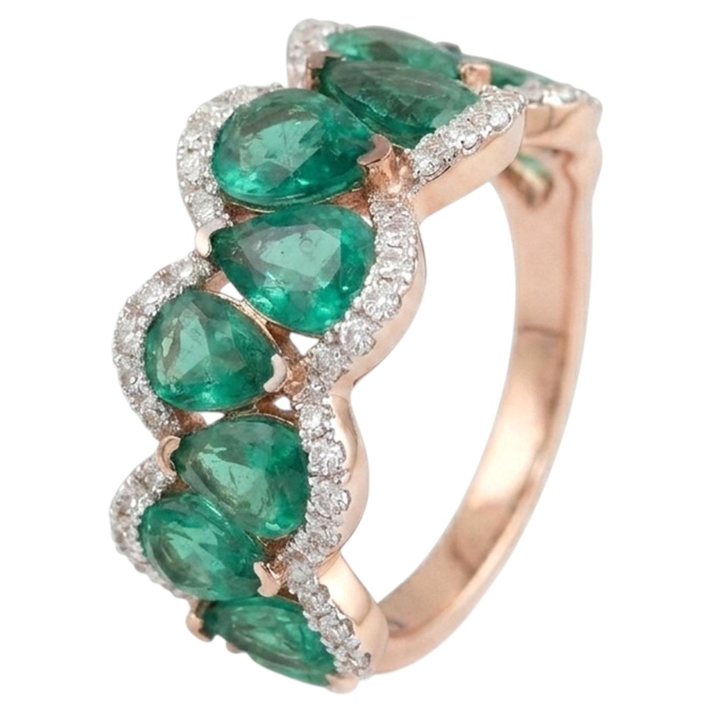 Natural Emerald Gemstone Solid 14k Rose Gold Jewelry White Diamond Ring
