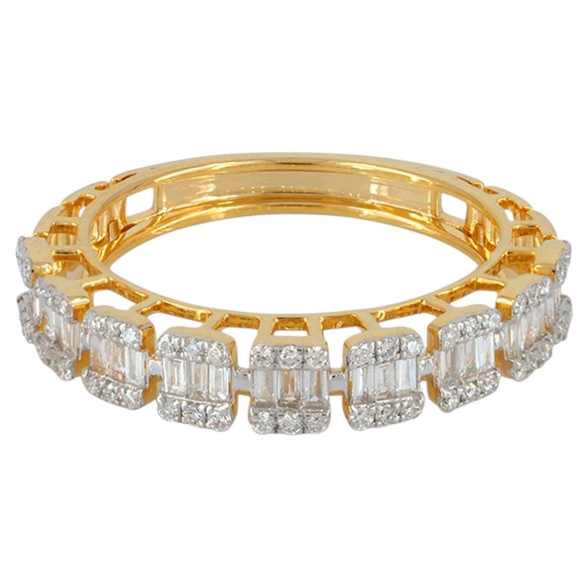 Solid 14k Yellow Gold Band Genuine H/Si White Baguette Diamond Designer Ring For Sale