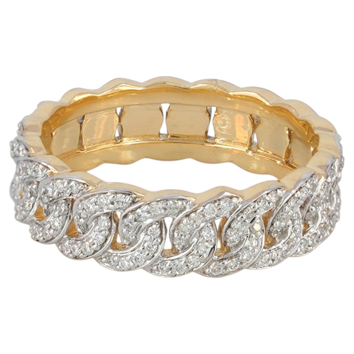 Cuban link Chain Band Solid 14k Yellow Gold Genuine White Diamond Eternity Ring