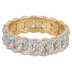 Cuban link Chain Band Solid 14k Yellow Gold Genuine White Diamond Eternity Ring