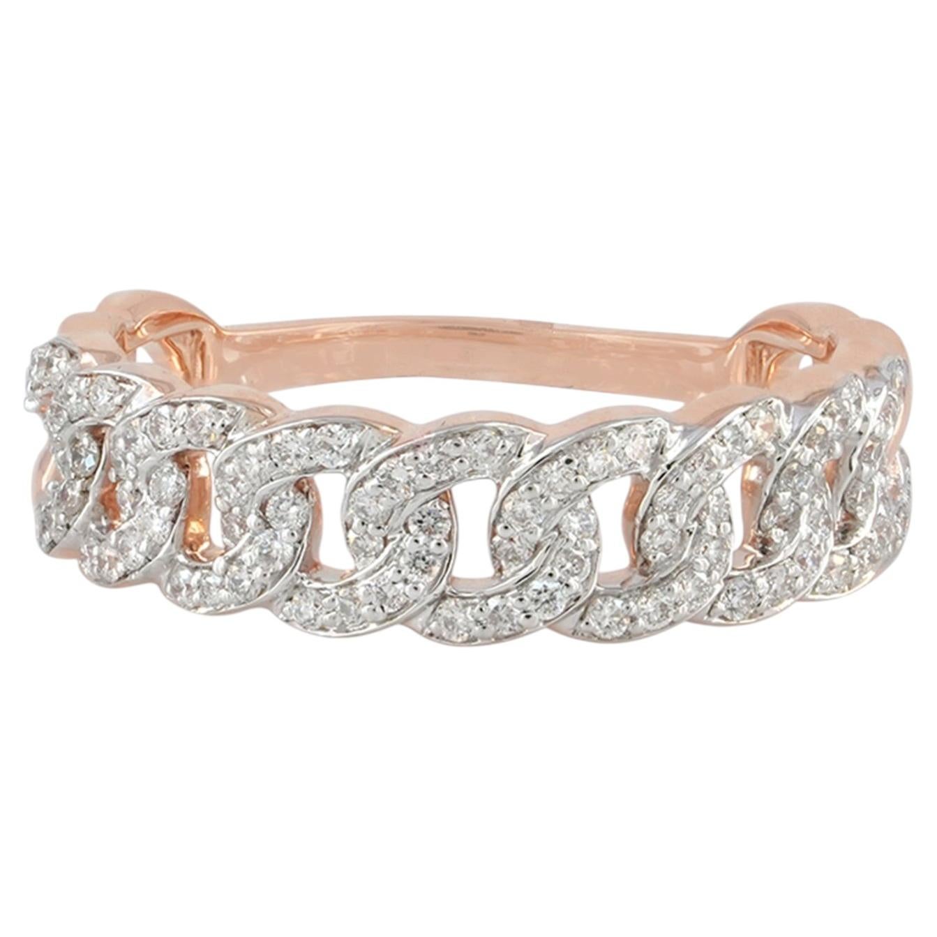 Bague en or rose massif 14 carats, avec maillons cubains « White Diamond » H/Si authentiques