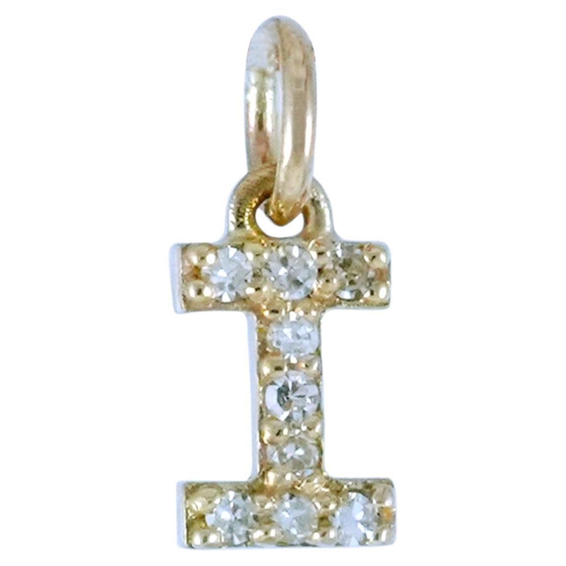 Solid 14k Yellow Gold Natural White Diamond Small I Initial Letter Charm Pendant For Sale