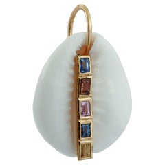 Solid 14k Yellow Gold Natural Baguette Multi Sapphire Gems Cowrie Shell Pendant