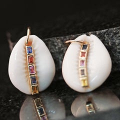 Solid 14k Yellow Gold Natural Baguette Multi Sapphire Gems Cowrie Shell Pendant
