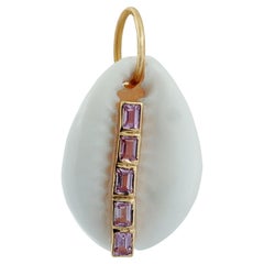 Natural Pink Sapphire Gemstone Solid 14k Yellow Gold Cowrie Shell Charm Pendant