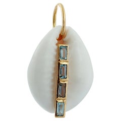 Solid 14k Yellow Gold Cowrie Shell Natural Blue Topaz Gemstone Pendant Jewelry