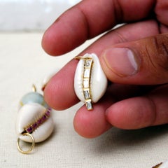 Solid 14k Yellow Gold Natural Baguette White Diamond Cowrie Shell Charm Pendant