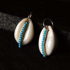 Solid 14k Yellow Gold Natural Turquoise Gemstone Cowrie Sea Shell Charm Pendant
