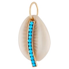 Solid 14k Yellow Gold Natural Turquoise Gemstone Cowrie Sea Shell Charm Pendant