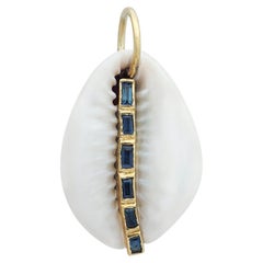 Natural Blue Sapphire Solid 14k Yellow Gold Cowrie Sea Shell Pendant Jewelry
