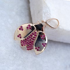 Solid 14k Yellow Gold Natural H/Si White Diamond Ruby Gemstone Ladybug Pendant