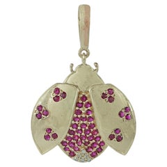 Solid 14k Yellow Gold Natural H/Si White Diamond Ruby Gemstone Ladybug Pendant