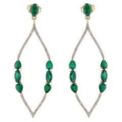 Pendientes colgantes de oro amarillo macizo de 14k con esmeralda natural y diamante blanco H/Si