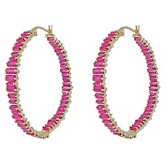 Solid 14k Yellow Gold Jewelry Baguette Cut July Birthstone Ruby Hoop Earring