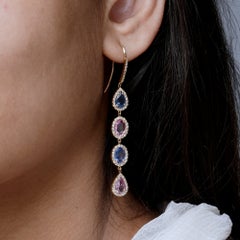 Natural H/Si White Diamond Solid 14k Yellow Gold Multi Sapphire Hook Earring