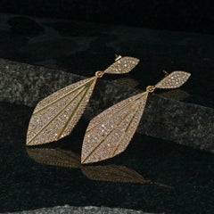 Solid 14k Yellow Gold Genuine H/Si White Diamond Marquise Leaf Dangle Earring
