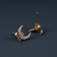 Orecchini a bottone a forma di mezzaluna in oro giallo massiccio 14k con diamanti bianchi autentici di qualità H/Si