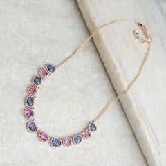 Solid 14k Yellow Gold Natural White H/Si Diamond Multi Sapphire Gems Necklace