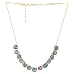 Solid 14k Yellow Gold Natural White H/Si Diamond Multi Sapphire Gems Necklace