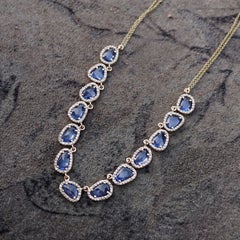Genuine H/Si White Diamond Solid 14k Yellow Gold Blue Sapphire Gemstone Necklace